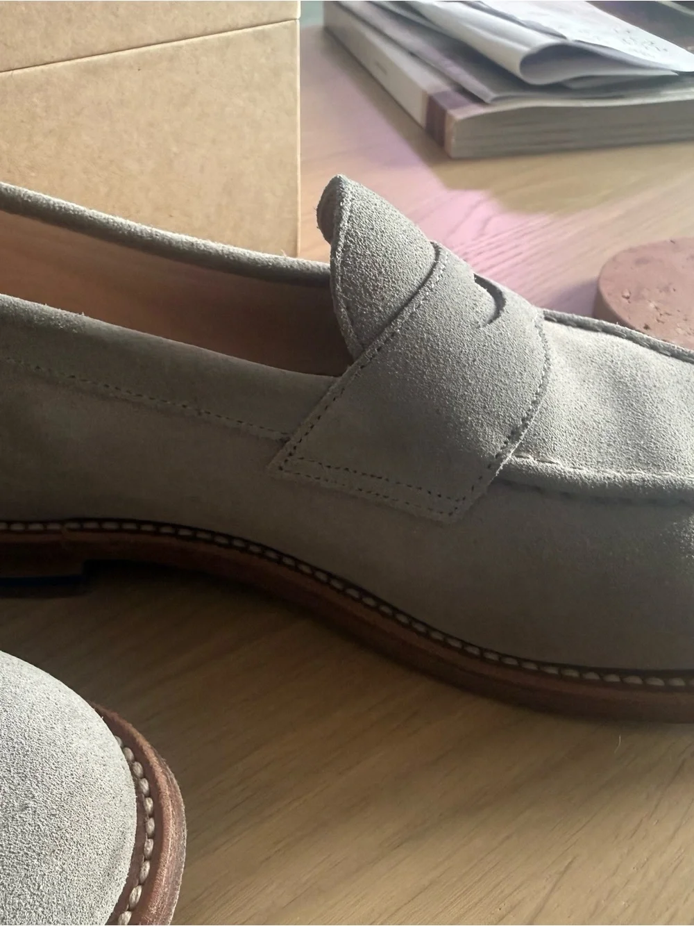 Light Grey/Taupe Suede Penny Loafers - Men's Slip-On Dress Shoes